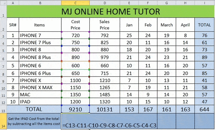 How to subtract multiple cells from one cell in Excel sheet